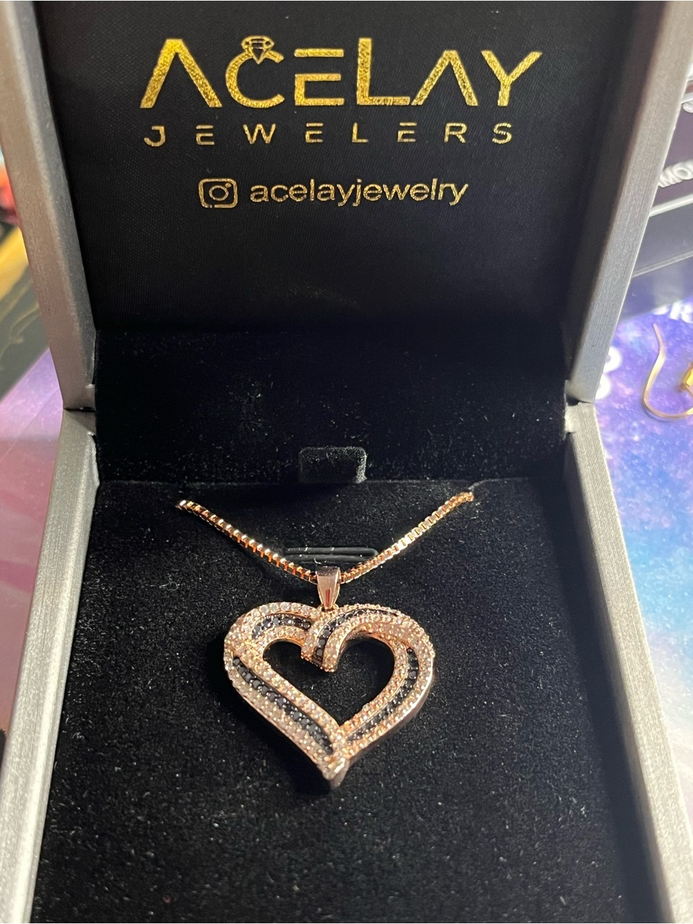 Rose Gold Over S925 .80 CTW Black & White Open Heart Moissanite Pendant